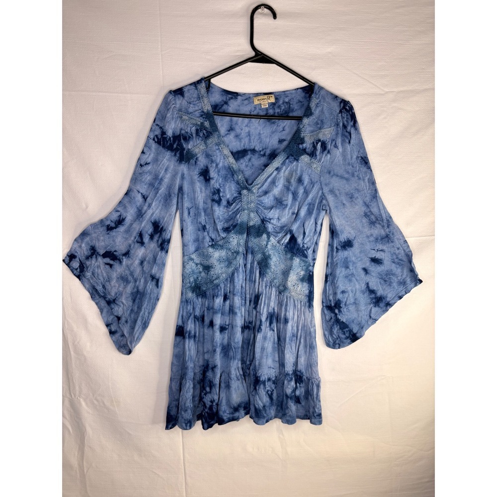 Y2k One World Blue Tie Dye Eyelet Lace V-Neck Bell Sleeve Tunic Top Medium